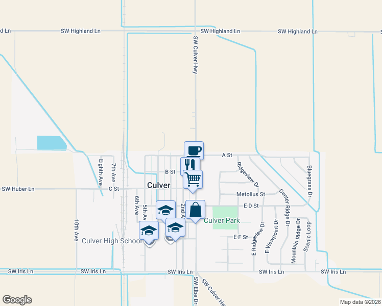 map of restaurants, bars, coffee shops, grocery stores, and more near 105 A Street in Culver