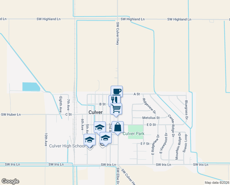 map of restaurants, bars, coffee shops, grocery stores, and more near 105 A Street in Culver