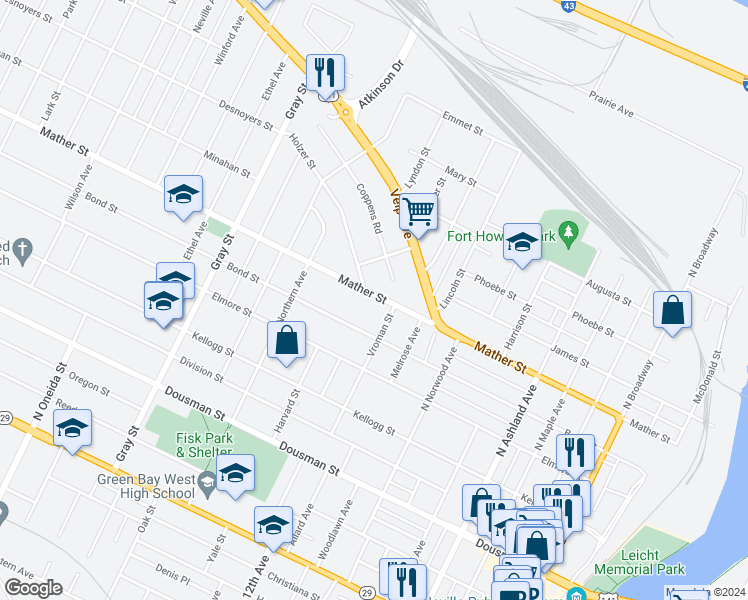 map of restaurants, bars, coffee shops, grocery stores, and more near 925 Mather Street in Green Bay