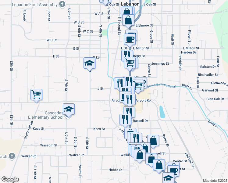map of restaurants, bars, coffee shops, grocery stores, and more near 1811 South Second Street in Lebanon