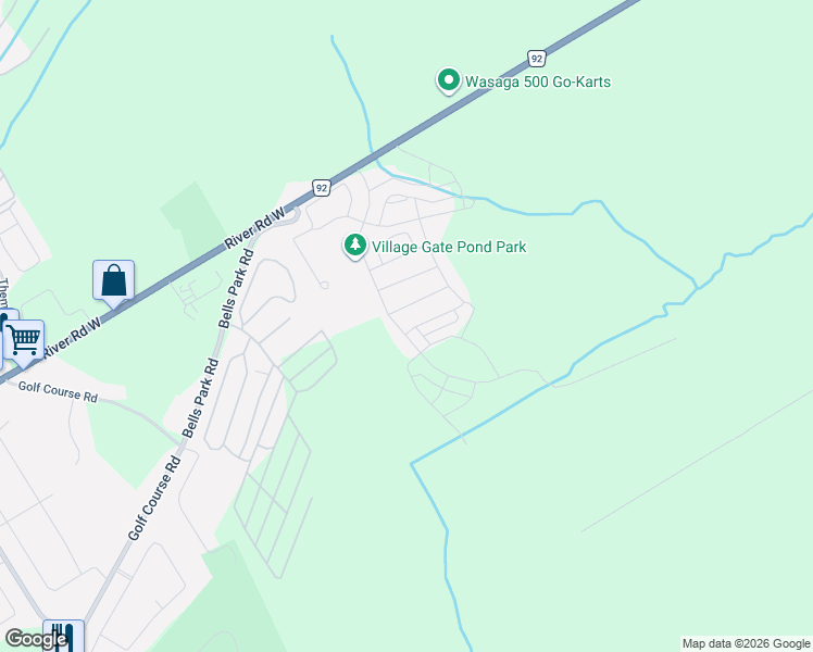 map of restaurants, bars, coffee shops, grocery stores, and more near 128 Village Gate Drive in Wasaga Beach