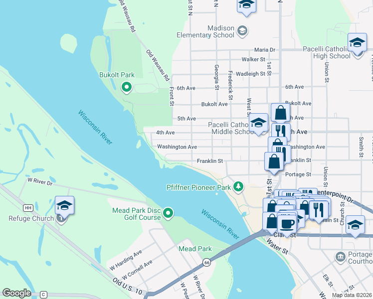 map of restaurants, bars, coffee shops, grocery stores, and more near 816 Forest Street in Stevens Point
