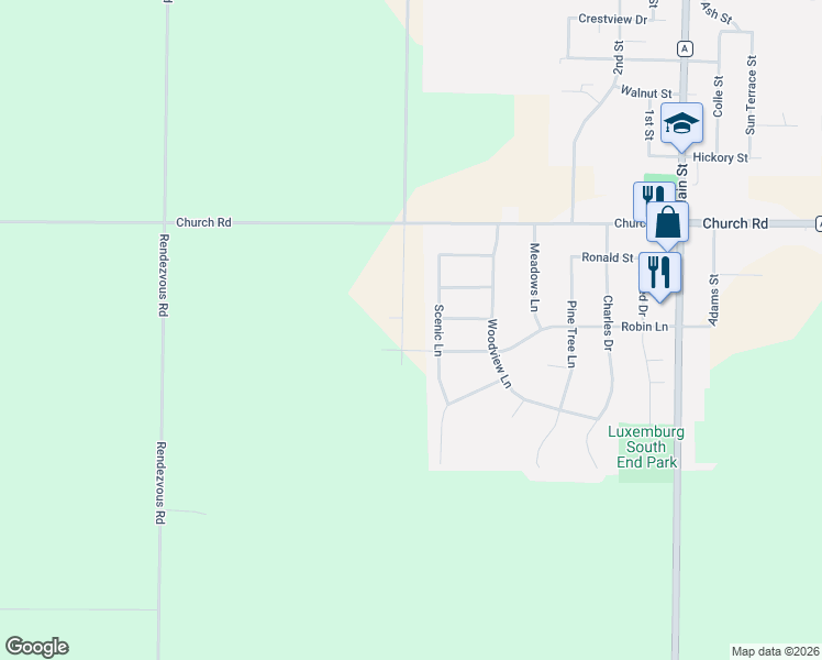 map of restaurants, bars, coffee shops, grocery stores, and more near 1673 Scenic Lane in Luxemburg