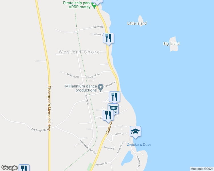 map of restaurants, bars, coffee shops, grocery stores, and more near 24 Young Road in Western Shore