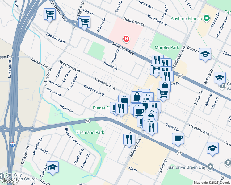 map of restaurants, bars, coffee shops, grocery stores, and more near 1696 Wedgewood Drive in Green Bay