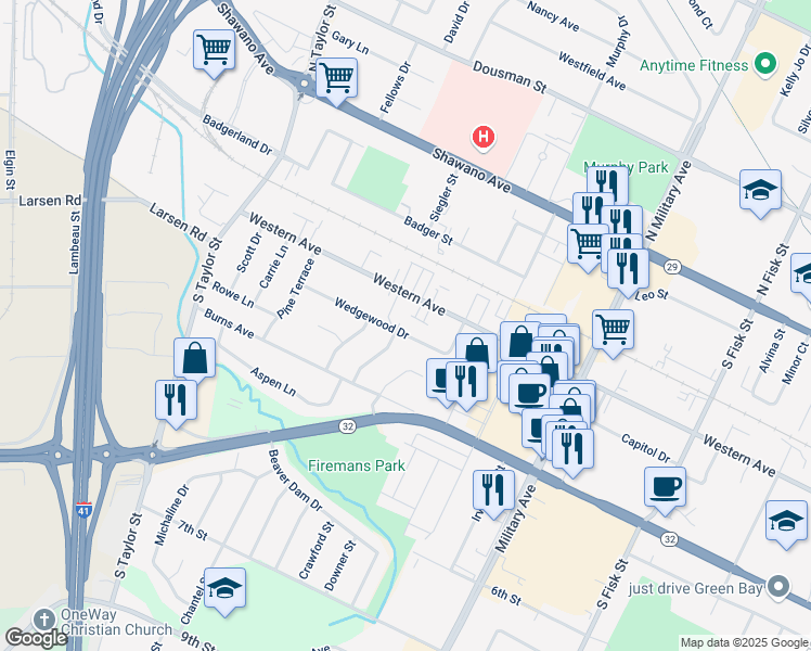 map of restaurants, bars, coffee shops, grocery stores, and more near 503 Peachtree Lane in Green Bay