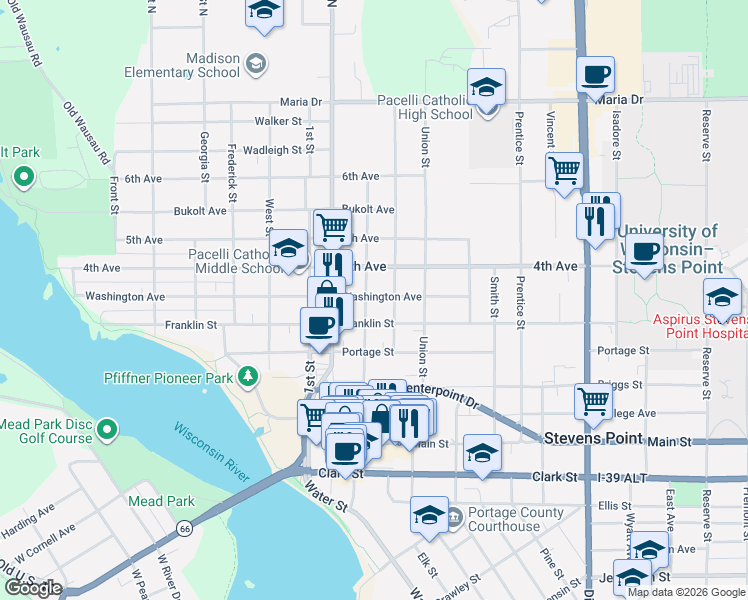 map of restaurants, bars, coffee shops, grocery stores, and more near 818 3rd Street in Stevens Point
