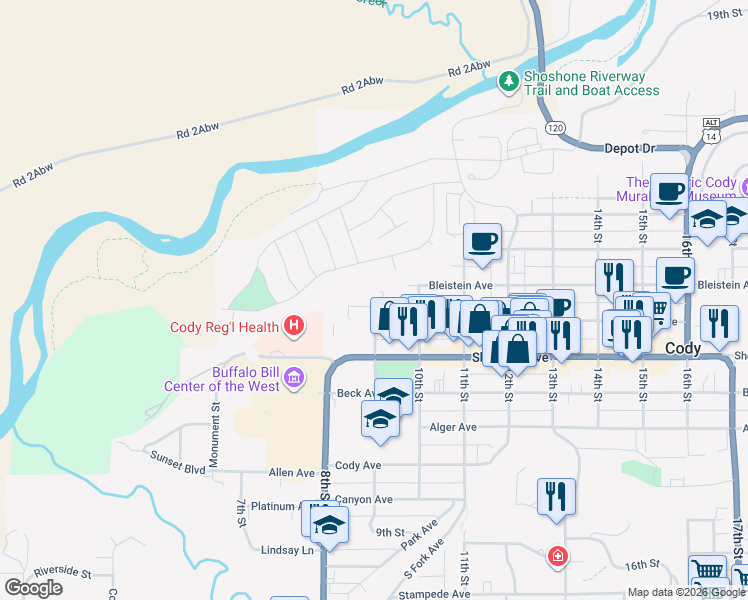 map of restaurants, bars, coffee shops, grocery stores, and more near 915 Rumsey Avenue in Cody