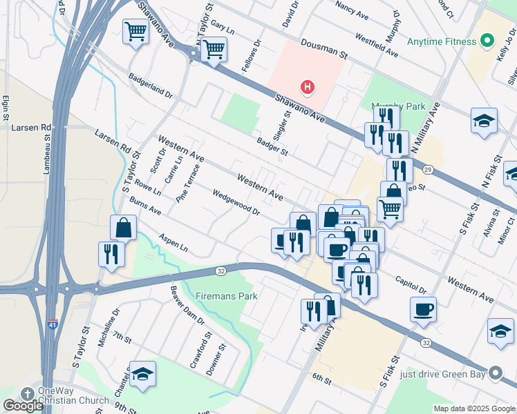map of restaurants, bars, coffee shops, grocery stores, and more near 503 Peachtree Lane in Green Bay
