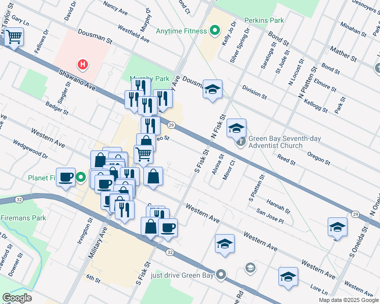 map of restaurants, bars, coffee shops, grocery stores, and more near 1493 Leo Street in Green Bay