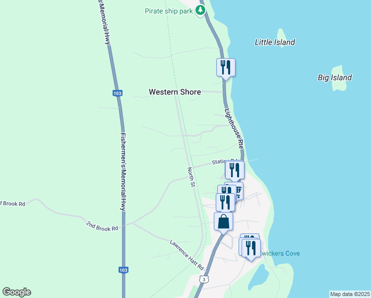 map of restaurants, bars, coffee shops, grocery stores, and more near 103 North Street in Western Shore