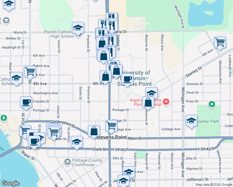 map of restaurants, bars, coffee shops, grocery stores, and more near 1716 Franklin Street in Stevens Point