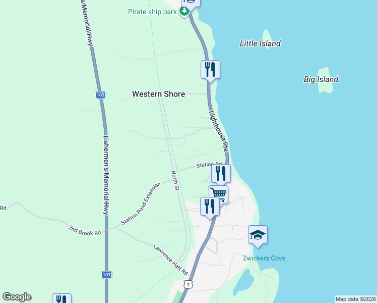 map of restaurants, bars, coffee shops, grocery stores, and more near 46 Station Road in Western Shore