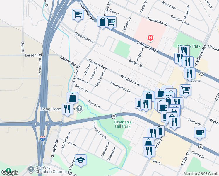 map of restaurants, bars, coffee shops, grocery stores, and more near 1779 Asbury Circle in Green Bay