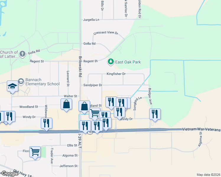 map of restaurants, bars, coffee shops, grocery stores, and more near 5719 Sandpiper Drive in Stevens Point