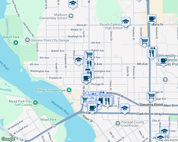 map of restaurants, bars, coffee shops, grocery stores, and more near 2nd Street in Stevens Point