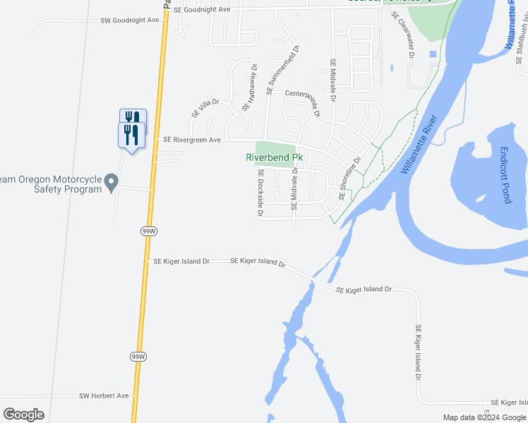 map of restaurants, bars, coffee shops, grocery stores, and more near 3631 Southeast Dockside Drive in Corvallis