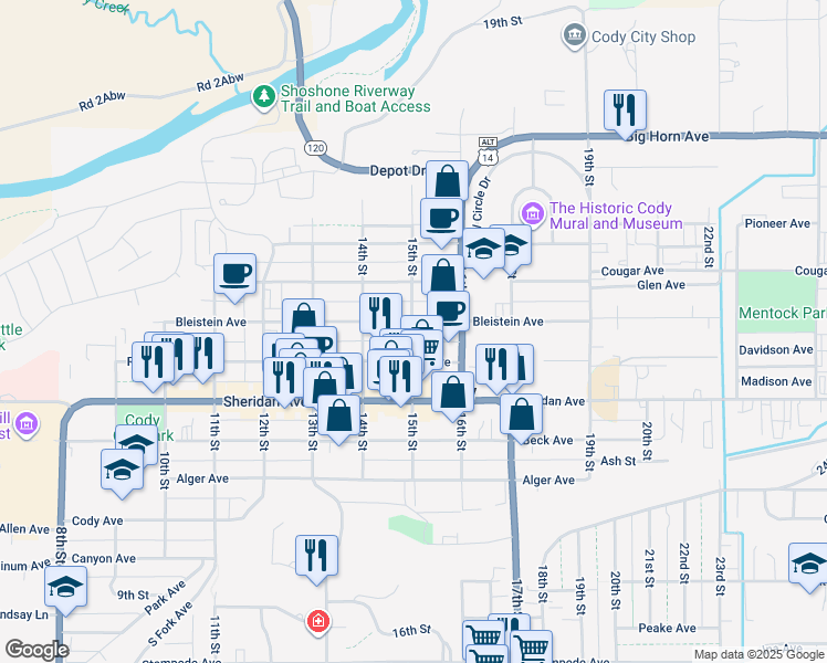 map of restaurants, bars, coffee shops, grocery stores, and more near 1521 Rumsey Avenue in Cody