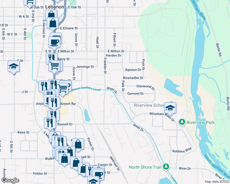 map of restaurants, bars, coffee shops, grocery stores, and more near 1955 River Drive in Lebanon
