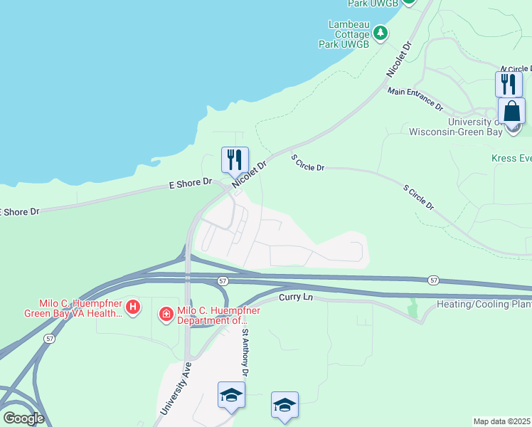 map of restaurants, bars, coffee shops, grocery stores, and more near 2206 Mahon Court in Green Bay