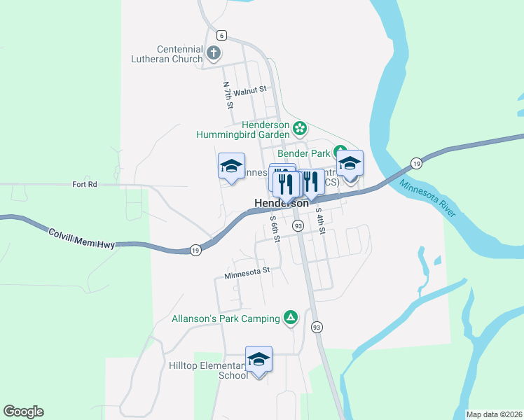 map of restaurants, bars, coffee shops, grocery stores, and more near 611 Main Street in Henderson