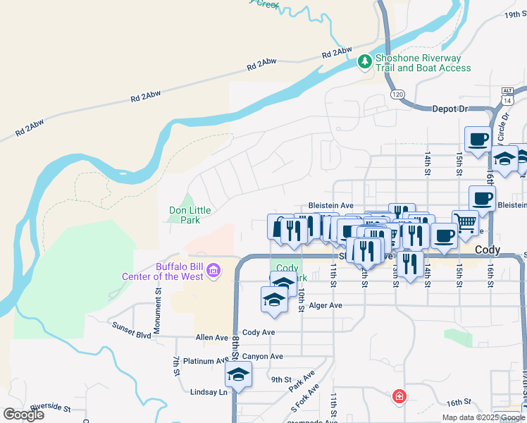 map of restaurants, bars, coffee shops, grocery stores, and more near 915 Rumsey Avenue in Cody