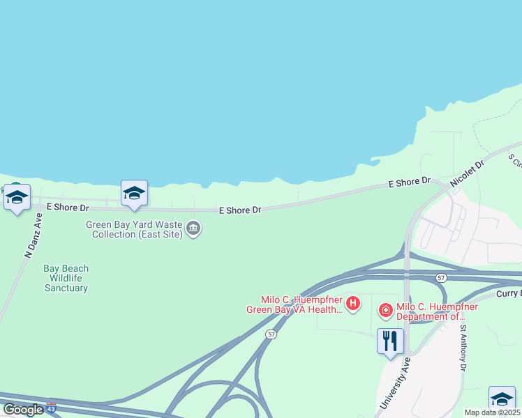 map of restaurants, bars, coffee shops, grocery stores, and more near 2645 E Shore Dr in Green Bay