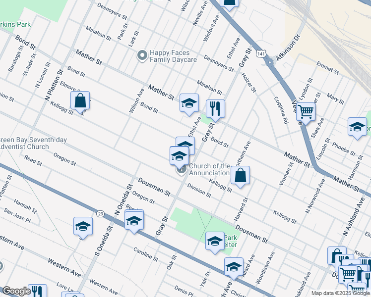 map of restaurants, bars, coffee shops, grocery stores, and more near 1095 Elmore Street in Green Bay