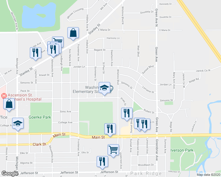 map of restaurants, bars, coffee shops, grocery stores, and more near 3500 Prais Street in Stevens Point
