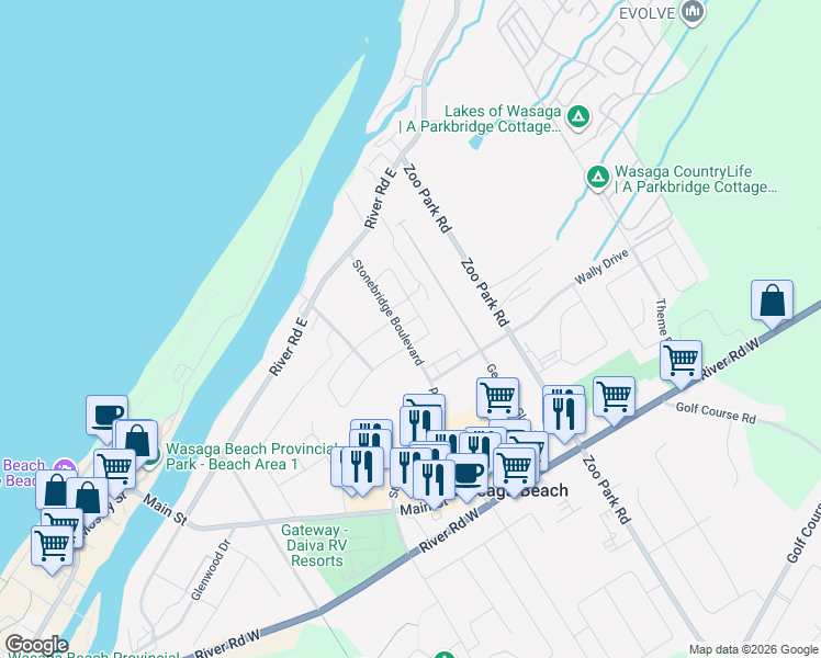 map of restaurants, bars, coffee shops, grocery stores, and more near 3 Sandy Coast Crescent in Wasaga Beach