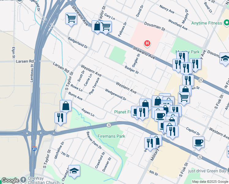 map of restaurants, bars, coffee shops, grocery stores, and more near 1752 Wedgewood Drive in Green Bay