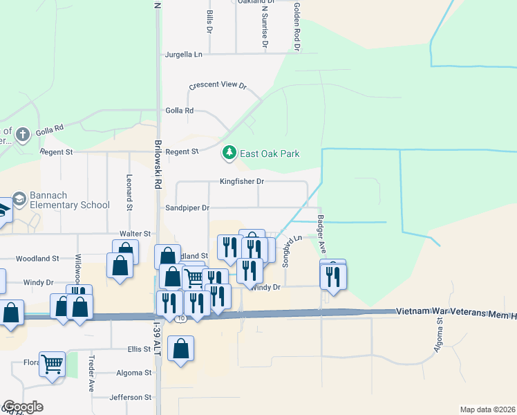 map of restaurants, bars, coffee shops, grocery stores, and more near 798 Hawk Lane in Stevens Point