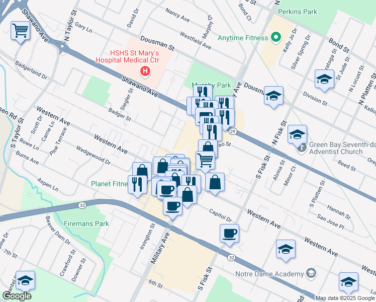 map of restaurants, bars, coffee shops, grocery stores, and more near 216 S Military Ave in Green Bay