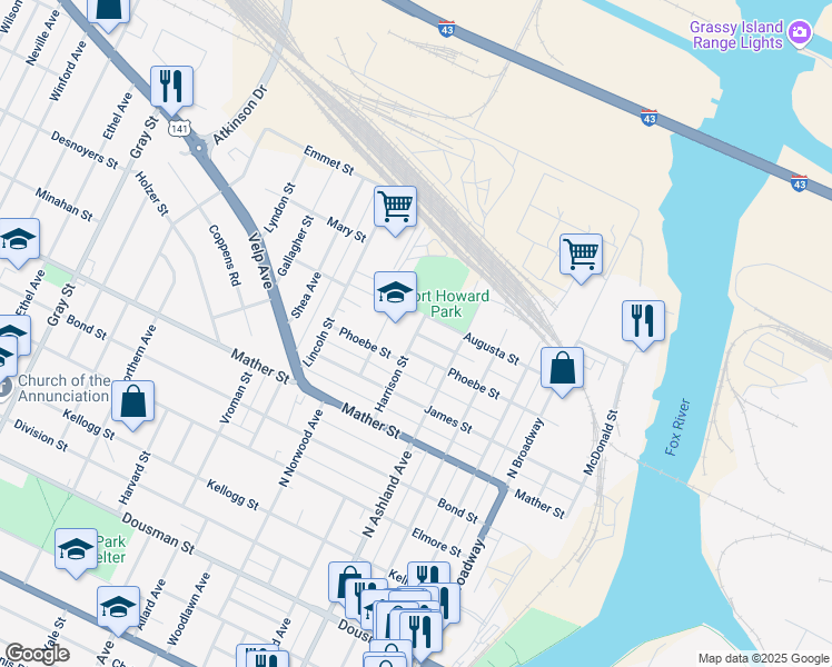 map of restaurants, bars, coffee shops, grocery stores, and more near Garden Street in Green Bay