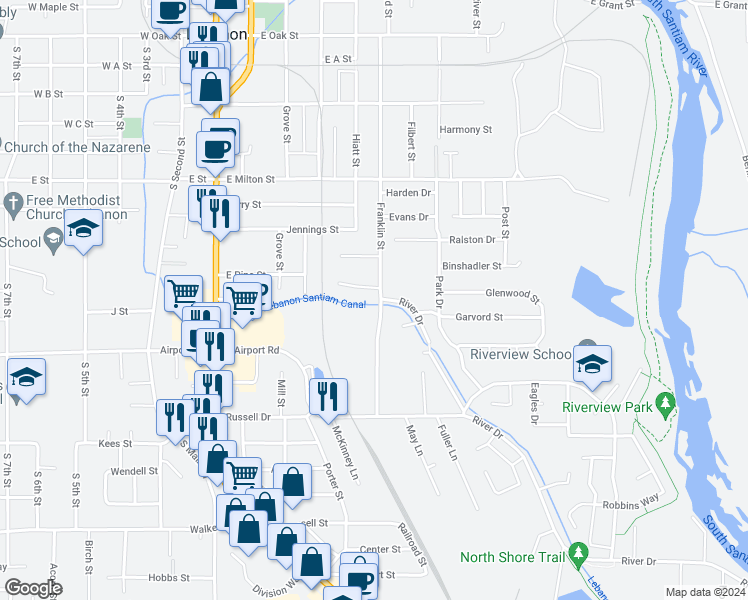 map of restaurants, bars, coffee shops, grocery stores, and more near 1900 Franklin Street in Lebanon