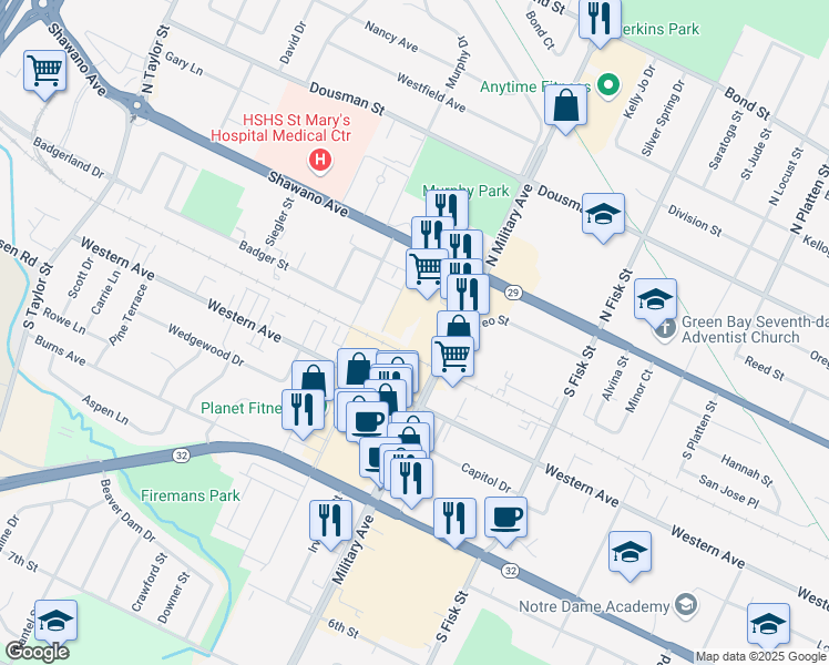 map of restaurants, bars, coffee shops, grocery stores, and more near 216 South Military Avenue in Green Bay