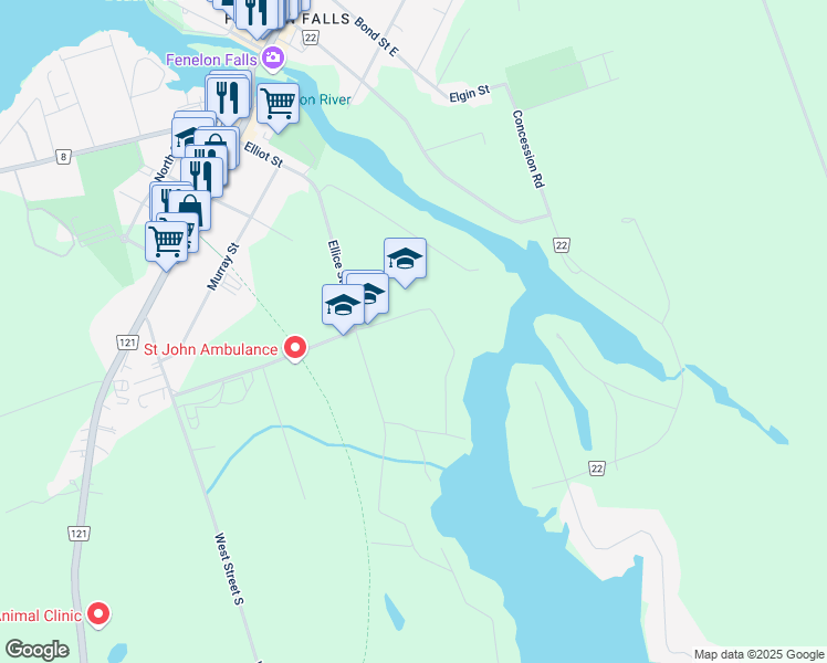 map of restaurants, bars, coffee shops, grocery stores, and more near 44 Wychwood Crescent in Kawartha Lakes