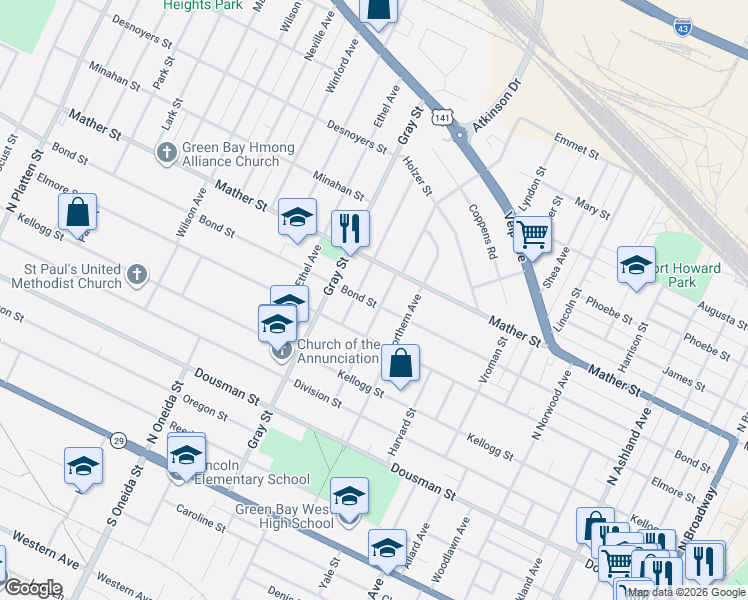 map of restaurants, bars, coffee shops, grocery stores, and more near 618 Roy Avenue in Green Bay