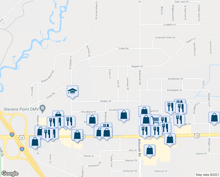 map of restaurants, bars, coffee shops, grocery stores, and more near 712 Evelyn Court in Stevens Point