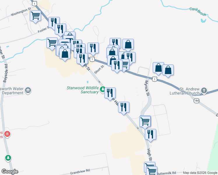map of restaurants, bars, coffee shops, grocery stores, and more near 282 High Street in Ellsworth