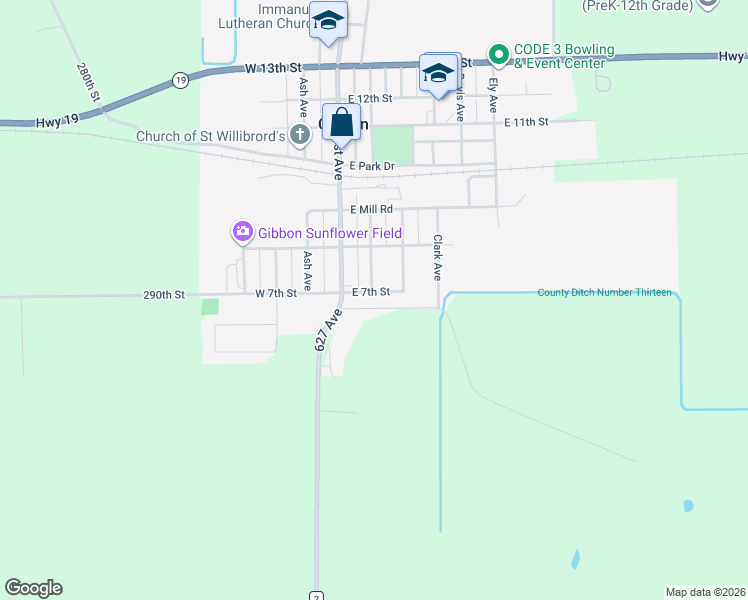 map of restaurants, bars, coffee shops, grocery stores, and more near 710 Allen Avenue in Gibbon