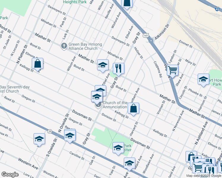 map of restaurants, bars, coffee shops, grocery stores, and more near 510 Gray Street in Green Bay