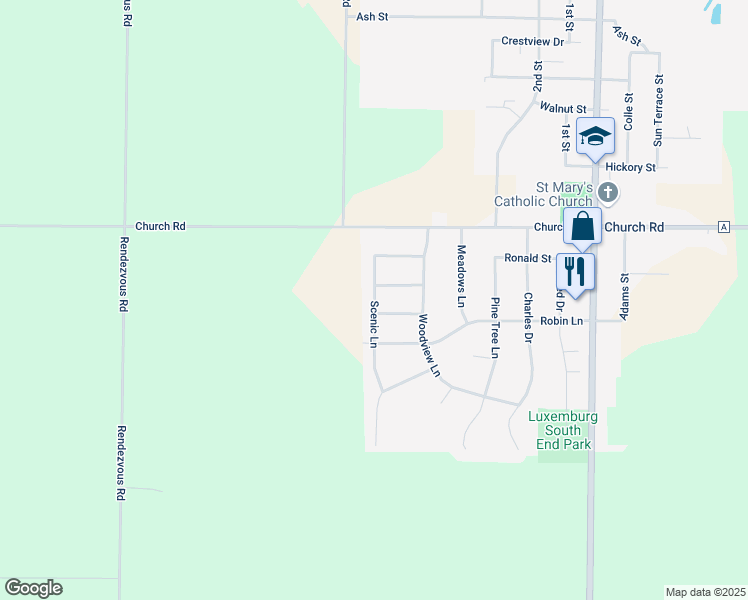 map of restaurants, bars, coffee shops, grocery stores, and more near 1613 Scenic Lane in Luxemburg