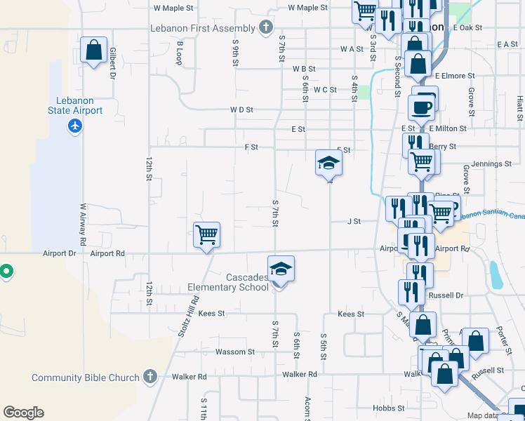 map of restaurants, bars, coffee shops, grocery stores, and more near 1795 South 9th Street in Lebanon
