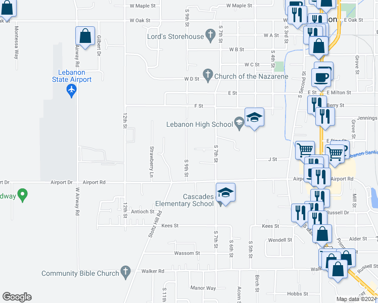 map of restaurants, bars, coffee shops, grocery stores, and more near 1796 South 9th Street in Lebanon