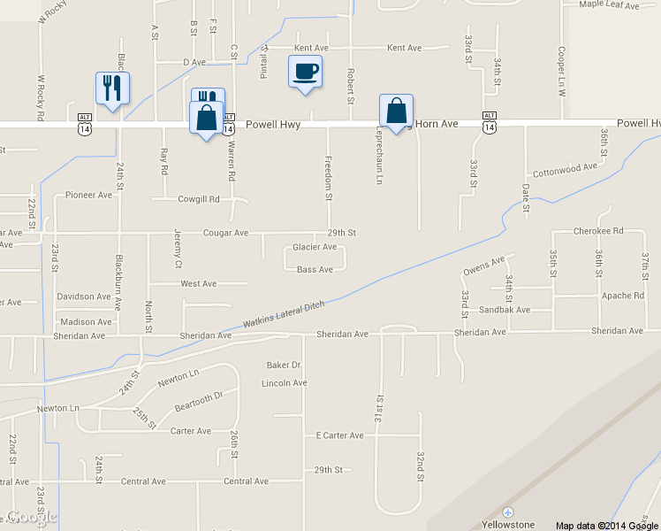 map of restaurants, bars, coffee shops, grocery stores, and more near 2925 Bass Avenue in Cody