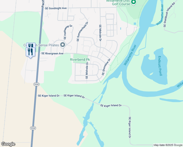 map of restaurants, bars, coffee shops, grocery stores, and more near 3577 Southeast Midvale Drive in Corvallis