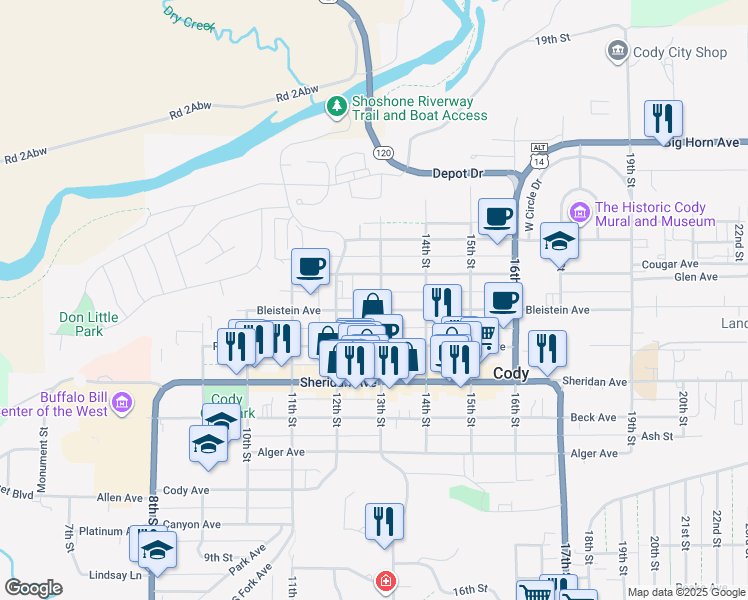 map of restaurants, bars, coffee shops, grocery stores, and more near 821 13th Street in Cody