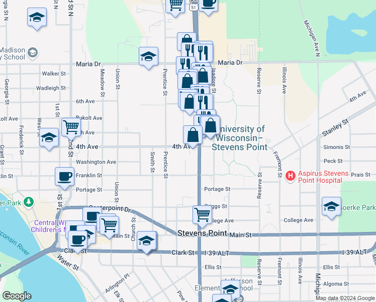 map of restaurants, bars, coffee shops, grocery stores, and more near 1609 4th Avenue in Stevens Point