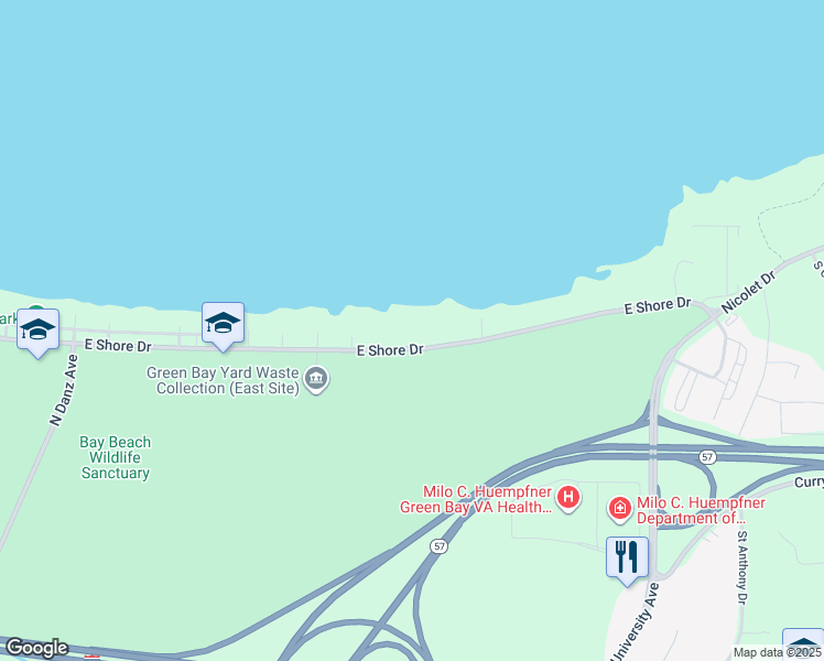 map of restaurants, bars, coffee shops, grocery stores, and more near 2645 East Shore Drive in Green Bay
